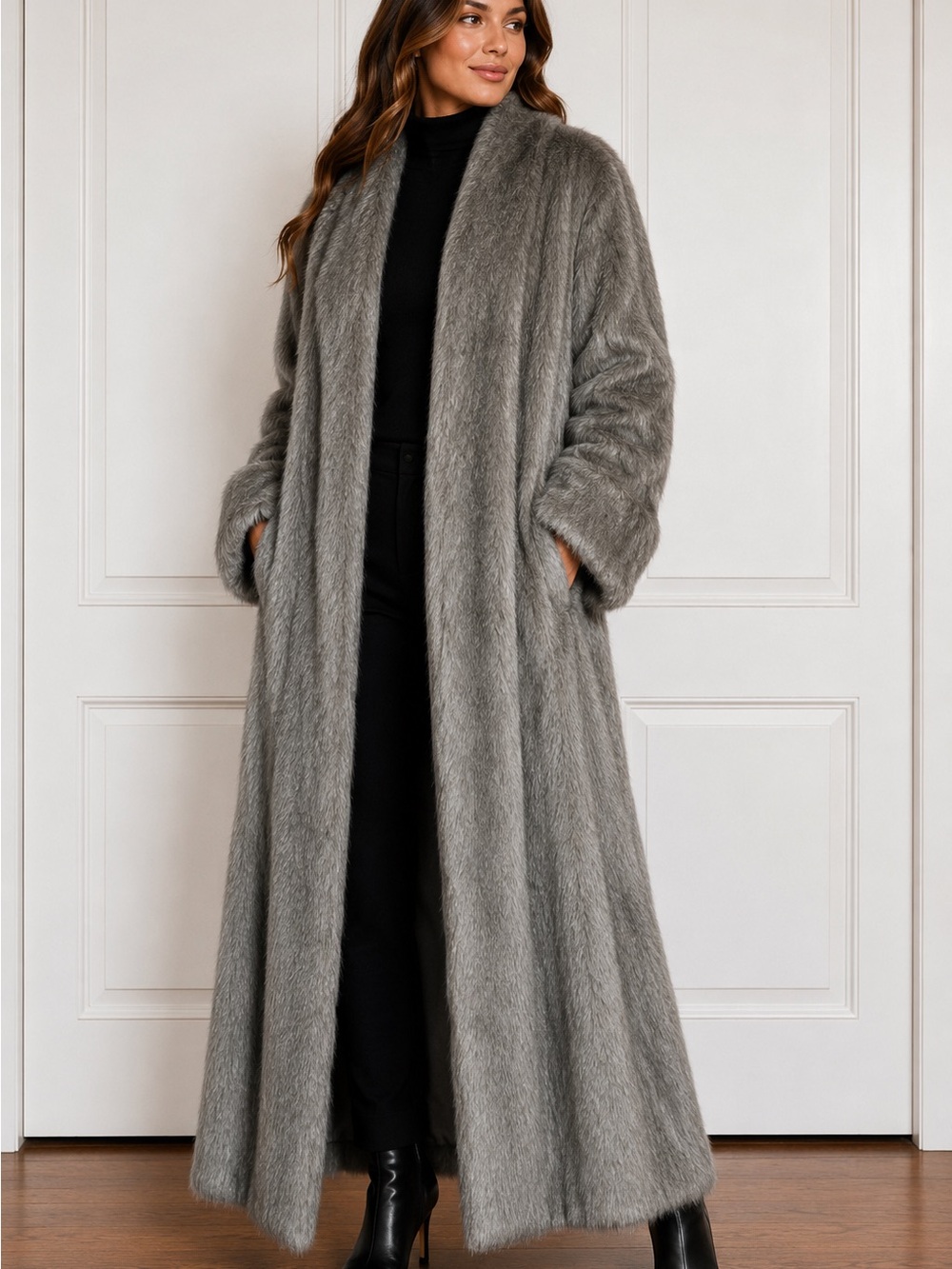 Dennis Basso Boutique A30310 Silver Gray Faux Fur Full Length Coat Size S NWT